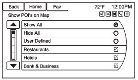 Press to customize which major POI categories are displayed on the map.