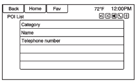 The POI entry list allows selection of a destination search by category, name,