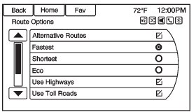 Press to display various route options.