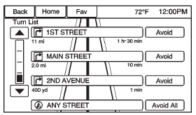 Select Turn List to view a list of maneuvers for the entire route.