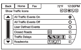 • All Traffic Events On: Press to enable display of all traffic icons on the