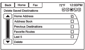 Press to delete all saved destinations. A Delete Saved Destinations submenu displays.