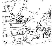 Remove the power steering gear inlet and outlet hose bolts (1). Remove the